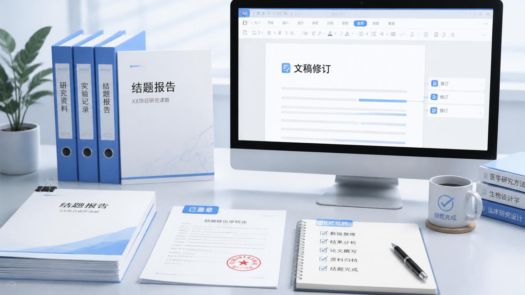 整洁的学术文件夹、打印好的结题报告、盖章文件与电脑屏幕上的文稿编辑界面，体现结题完成与专业优化。