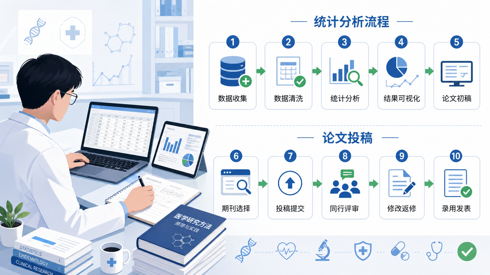 科研人员整理统计结果表格并撰写论文，旁边展示“统计分析流程”和“论文投稿”相关图示