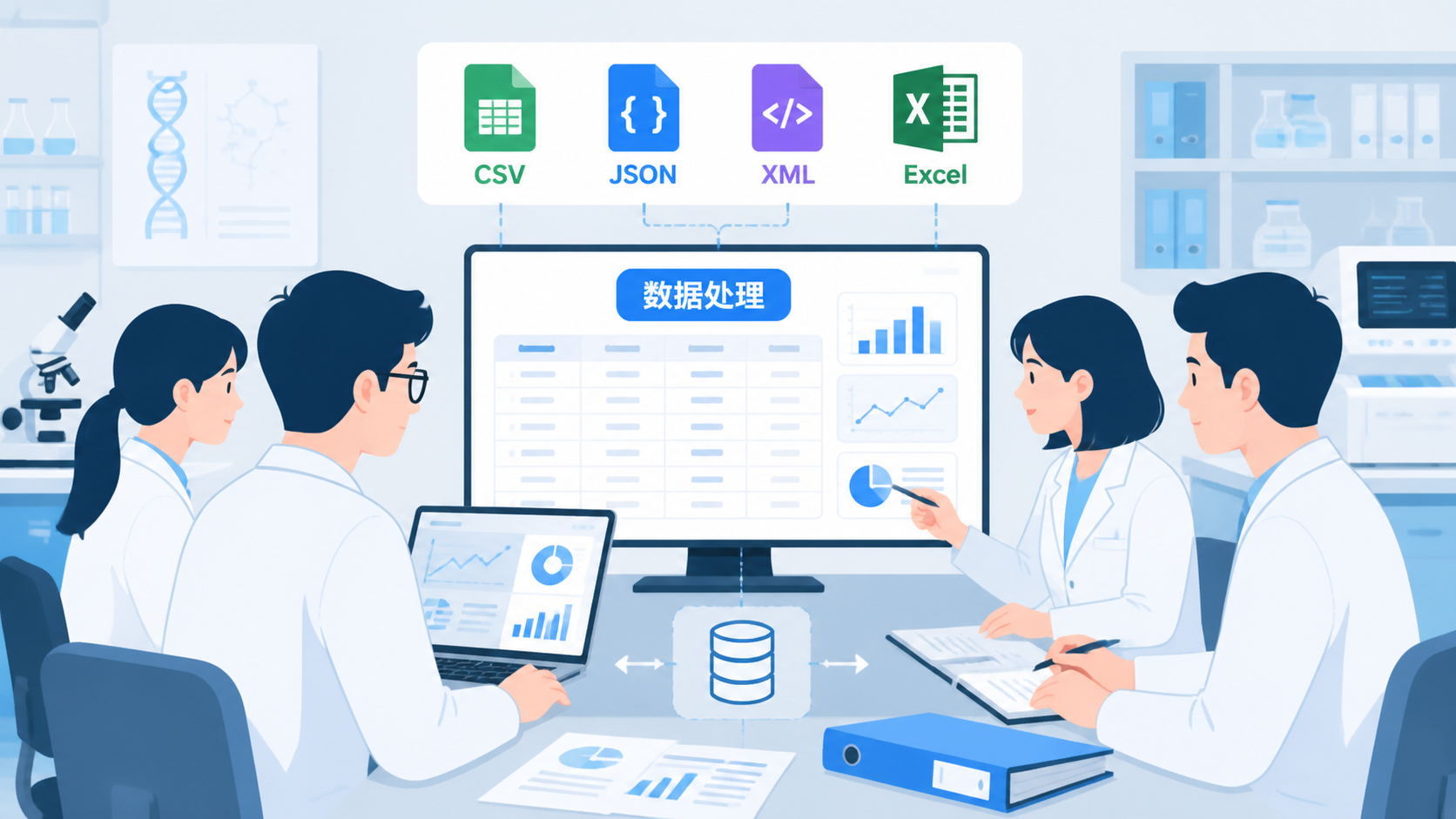 实验室场景中，医学生和科研人员在电脑前处理CSV、JSON、XML、Excel等多种数据文件，界面上显示格式转换与字段映射。