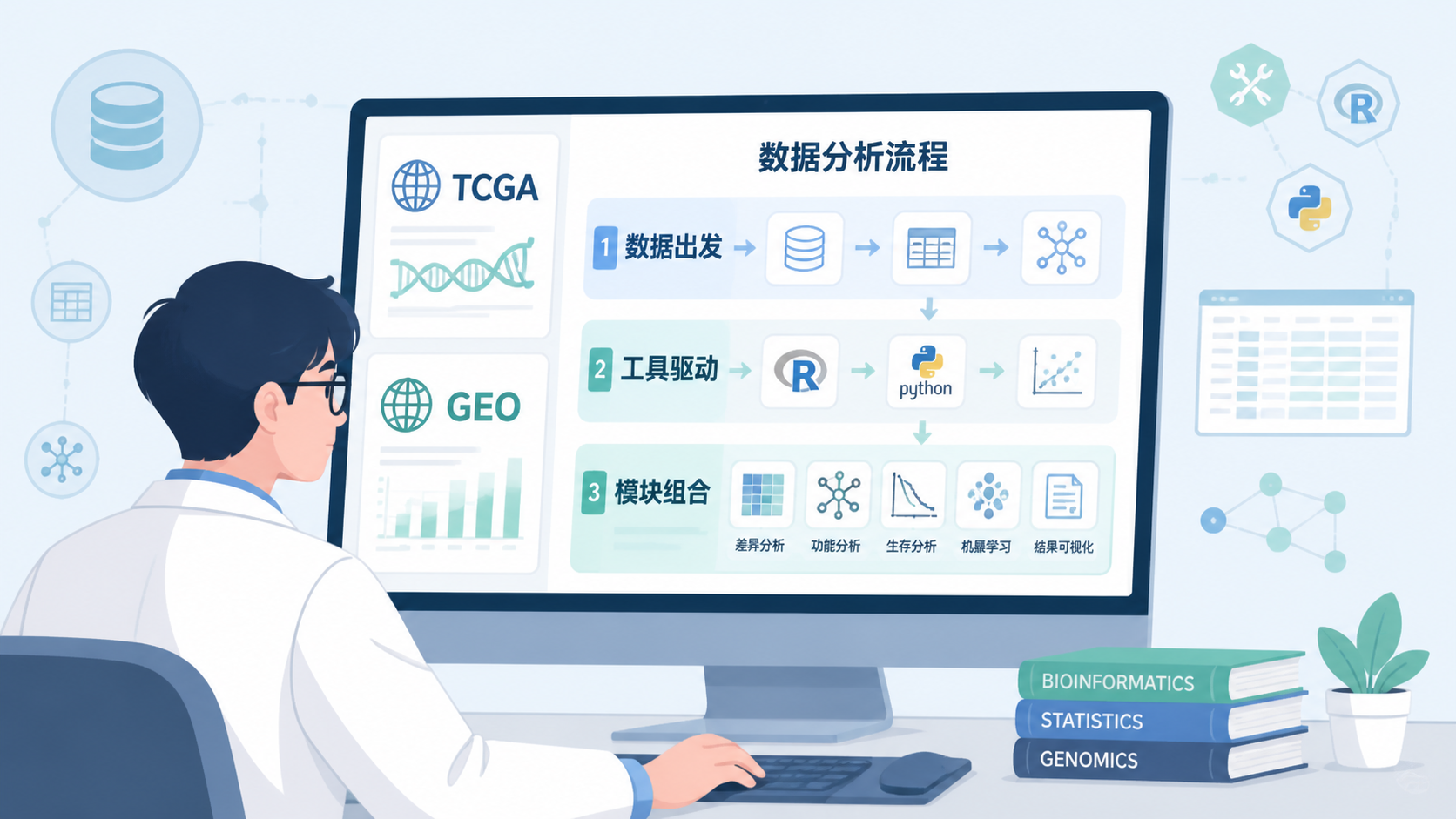医学生在电脑前查看TCGA、GEO数据库与数据分析流程图，突出“数据出发、工具驱动、模块组合”的科研场景