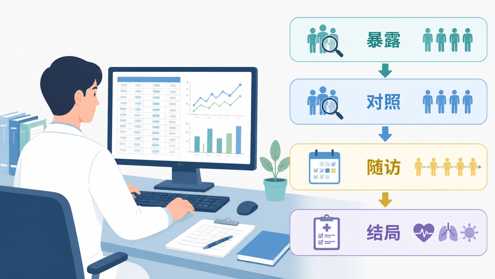 医学生在电脑前整理队列数据表，旁边标注暴露、对照、随访、结局四个模块的流程示意图