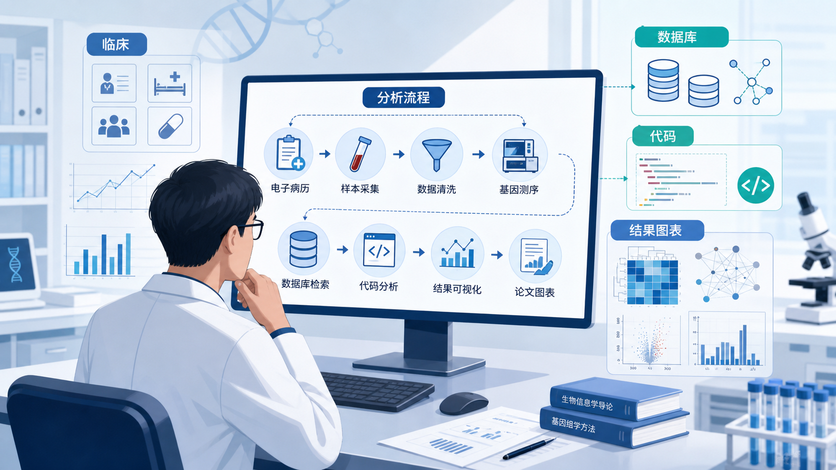 临床医生在电脑前查看生物信息学分析流程图，旁边有数据库、代码和论文图表元素，体现从临床到生信的学习过渡