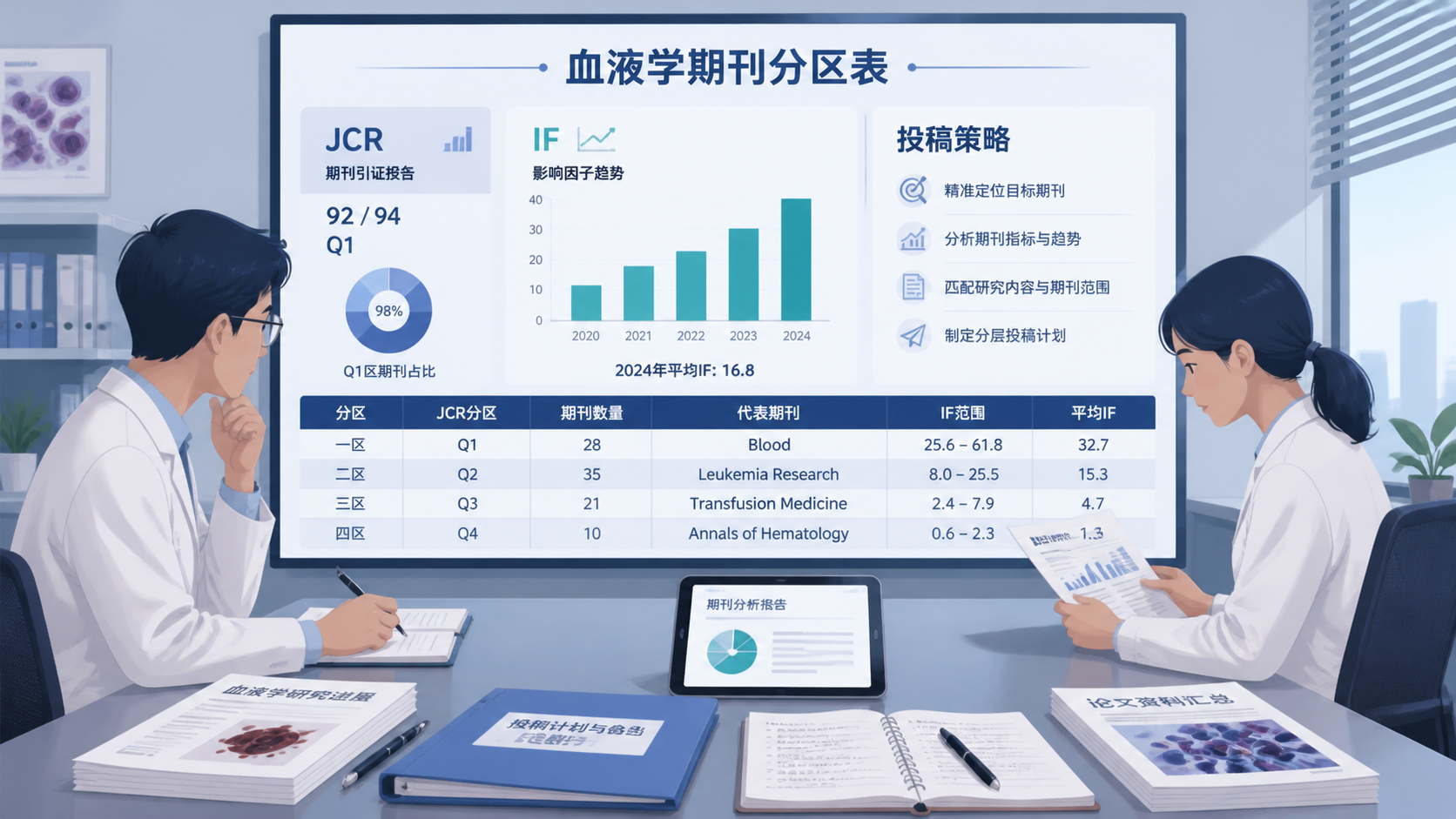 研究人员整理血液学论文与期刊分区表，屏幕上显示JCR、IF、投稿策略等信息的专业收尾场景。