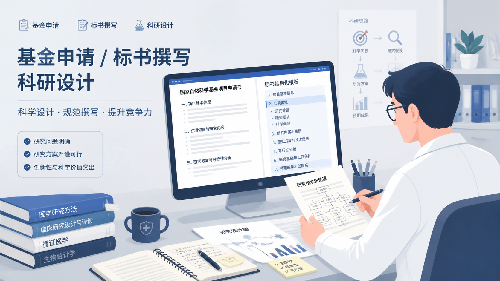 一位临床科研人员在电脑前对照基金指南与标书模板，桌上放着文献、笔记和研究设计图