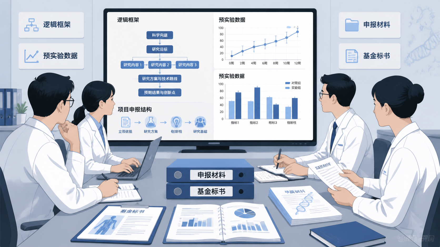 科研团队在电脑前审核基金标书，画面突出逻辑框架、预实验数据和申报材料，风格稳重专业。