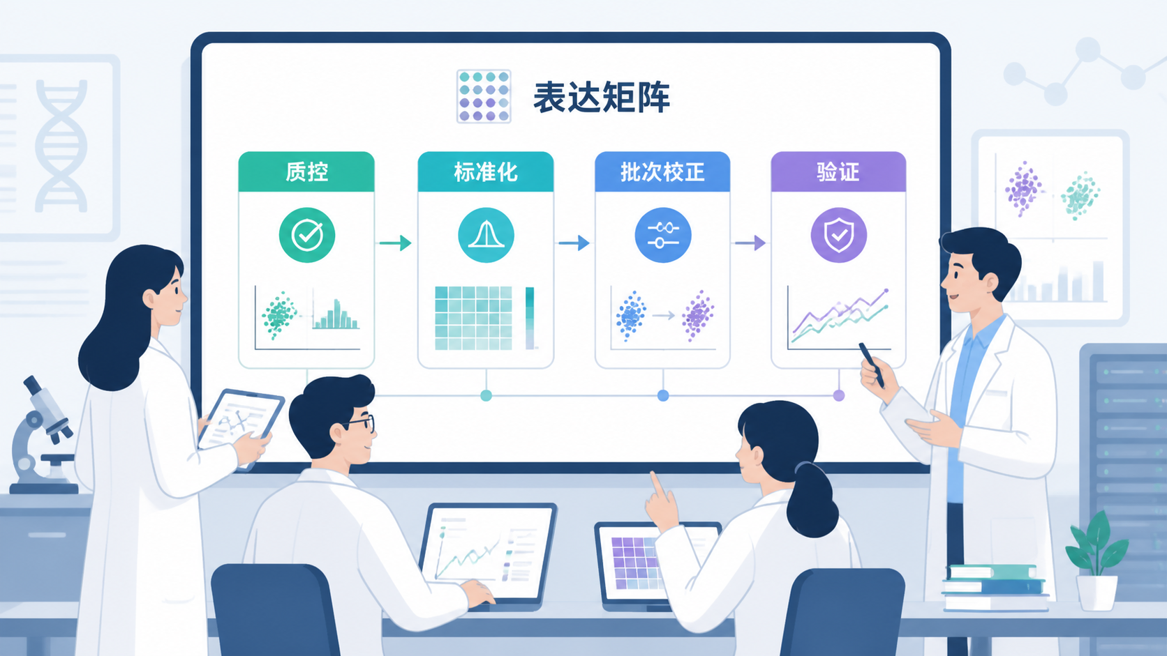 研究团队围绕数据分析屏幕讨论表达矩阵流程图，旁边展示质控、标准化、批次校正和验证步骤。