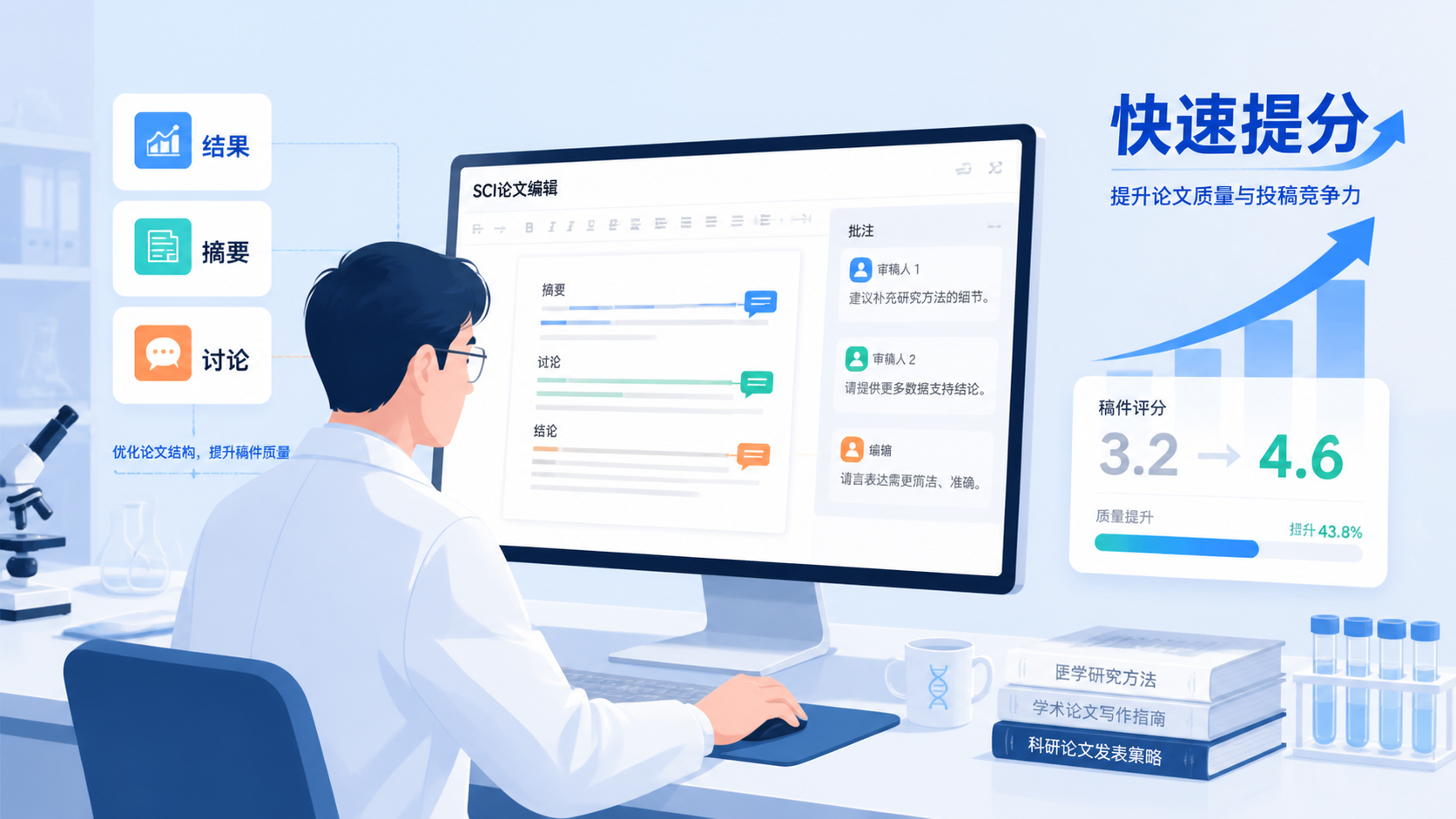 一位科研人员对着电脑修改SCI稿件，旁边有结果部分、摘要、讨论三个模块化标签，突出“快速提分”和“写作效率”