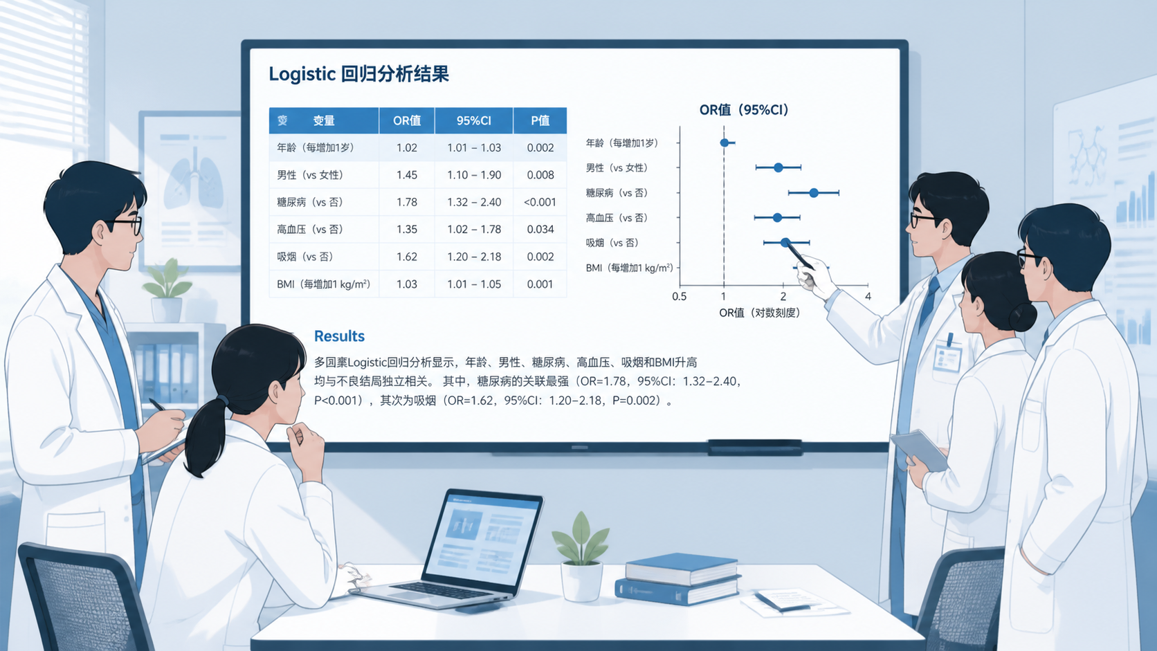 临床科研团队围绕电脑屏幕讨论Logistic回归结果，屏幕上展示OR值、95%CI和论文结果段落。