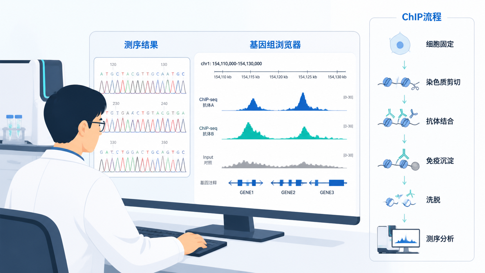 科研人员在实验室中查看测序结果和基因组浏览器峰图，旁边展示染色质免疫共沉淀流程示意图。