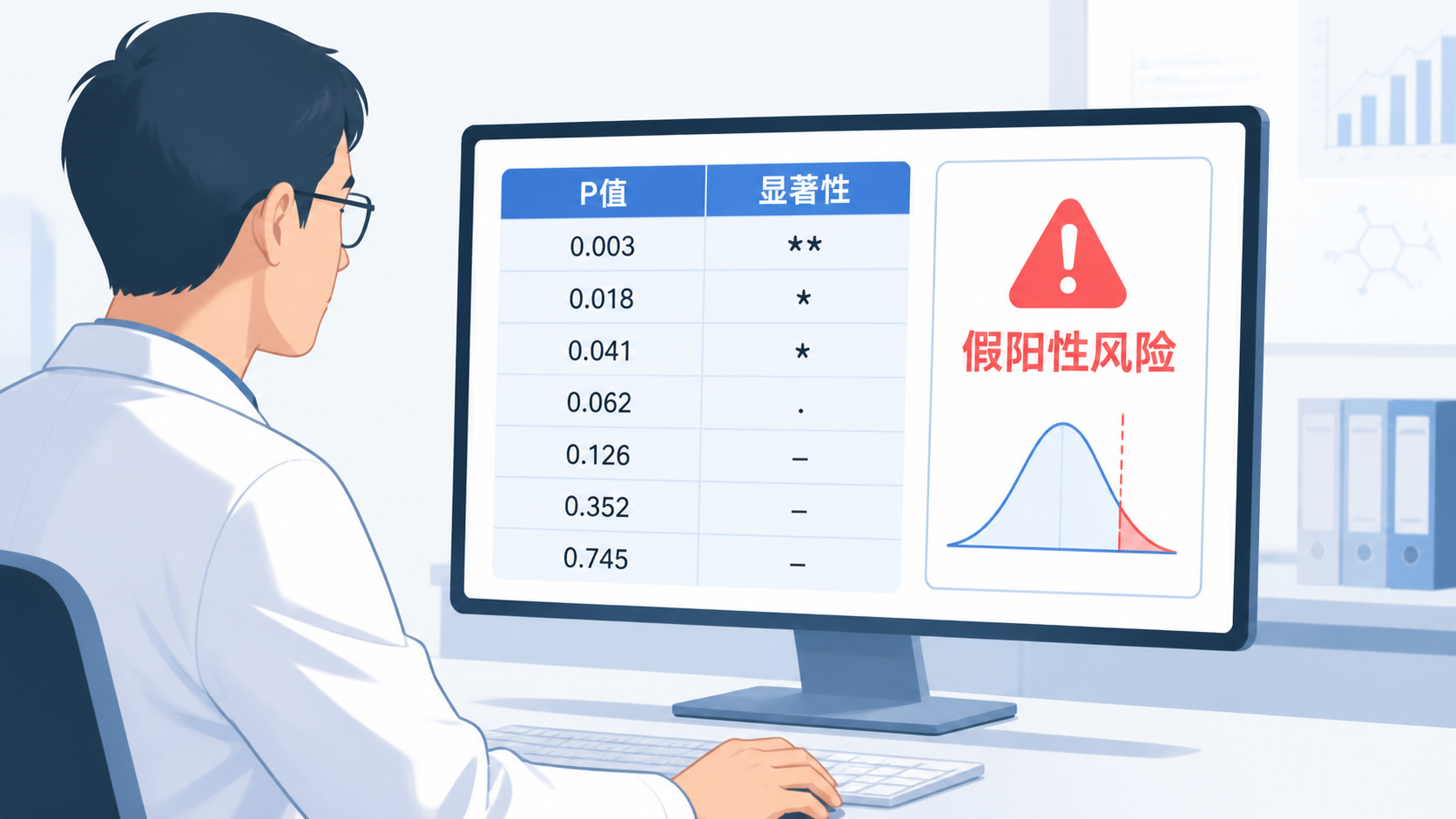科研人员在电脑前查看统计结果表，屏幕上显示多个P值和显著性标记，突出“假阳性风险”