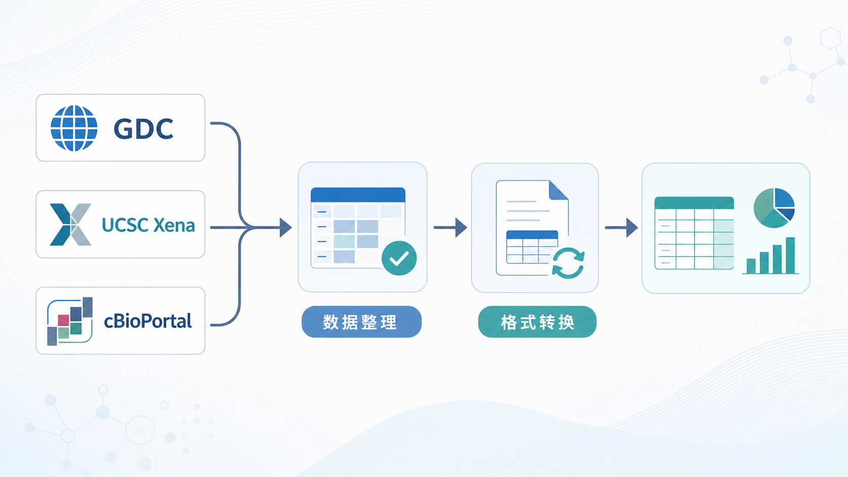 一张生物医学研究流程图，展示GDC、UCSC Xena、cBioPortal到数据整理、格式转换、统计分析的完整链路，突出“格式转换”在中间环节的位置。