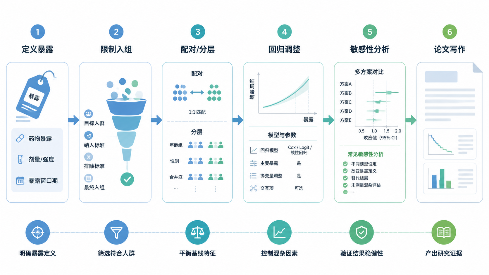 临床研究工作流图，展示“定义暴露-限制入组-配对/分层-回归调整-敏感性分析-论文写作”完整链路。
