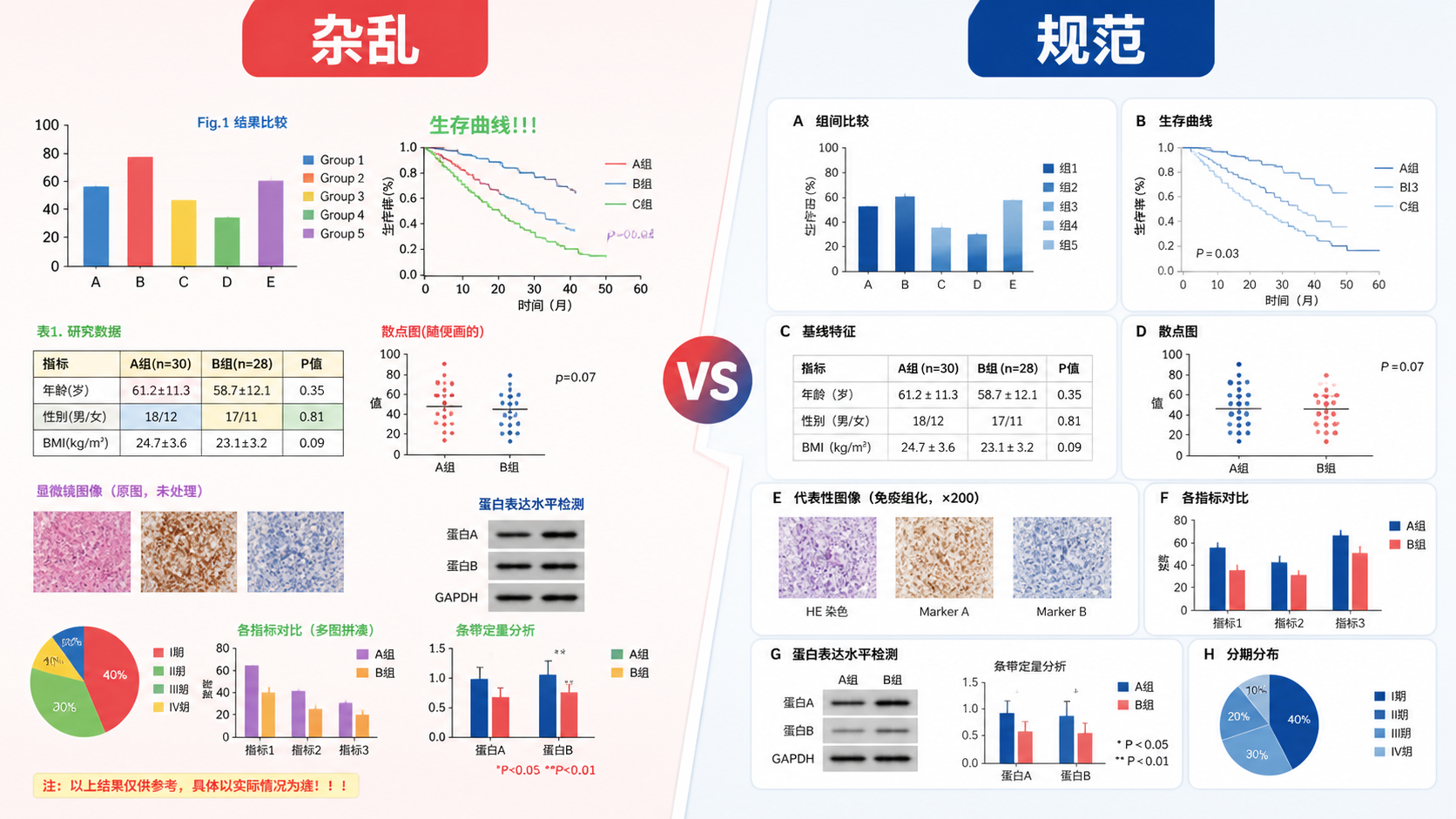 一张SCI论文图表对比示意图，左侧为杂乱排版，右侧为规范整齐排版，突出审稿人第一印象差异