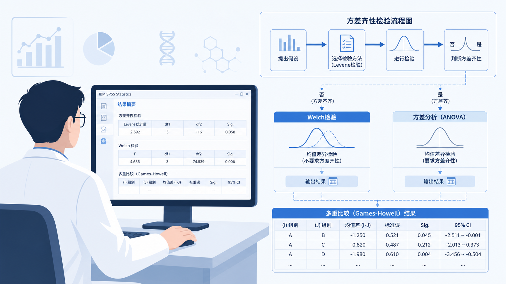 科研人员在电脑前查看SPSS分析结果,旁边展示方差齐性检验流程图、Welch检验和多重比较结果表