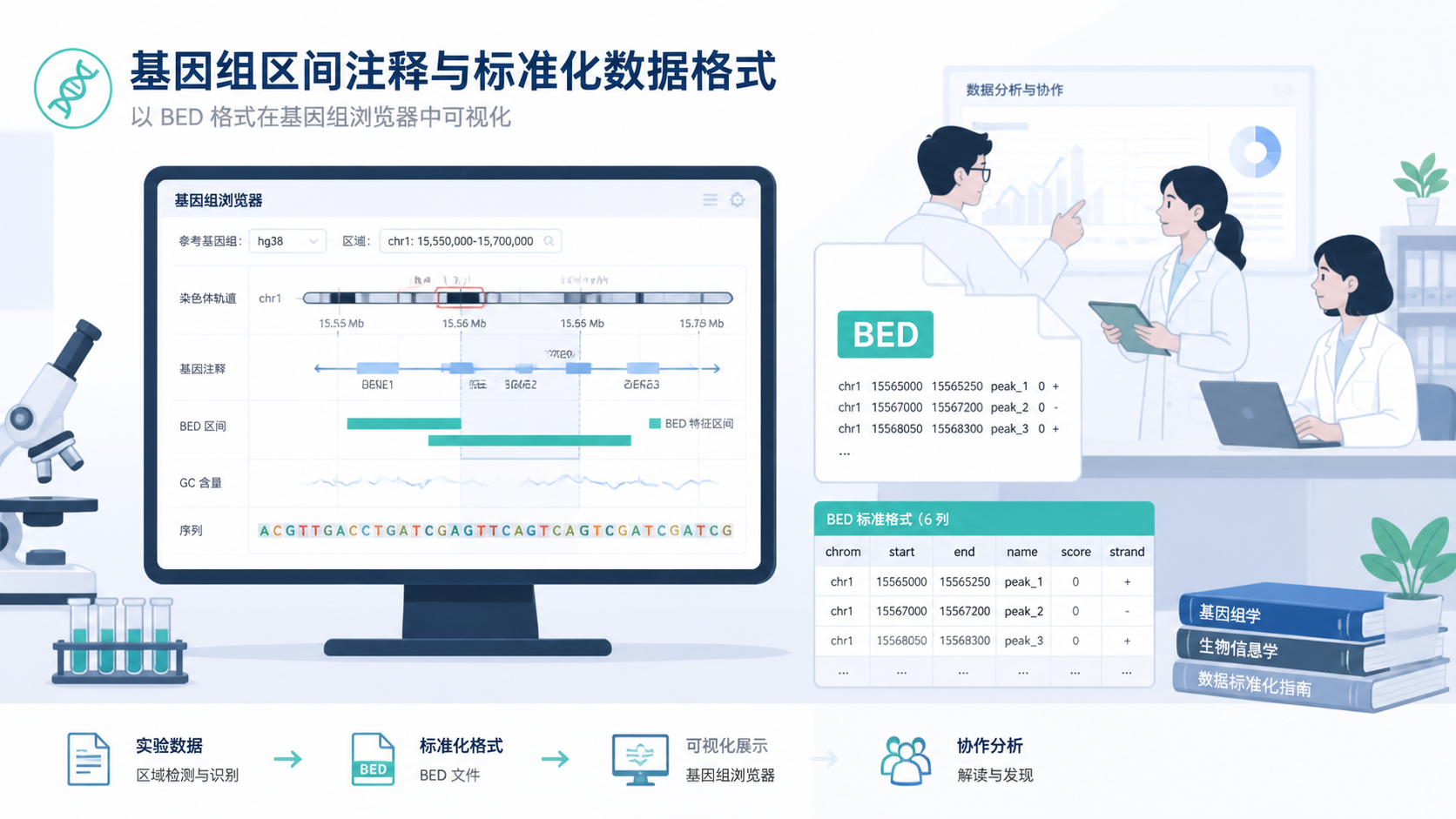 一张整洁的科研工作台场景，包含电脑上的基因组浏览器、标准化BED文件示意和专业团队协作画面，传达高效、规范、可追溯的生信分析体验。