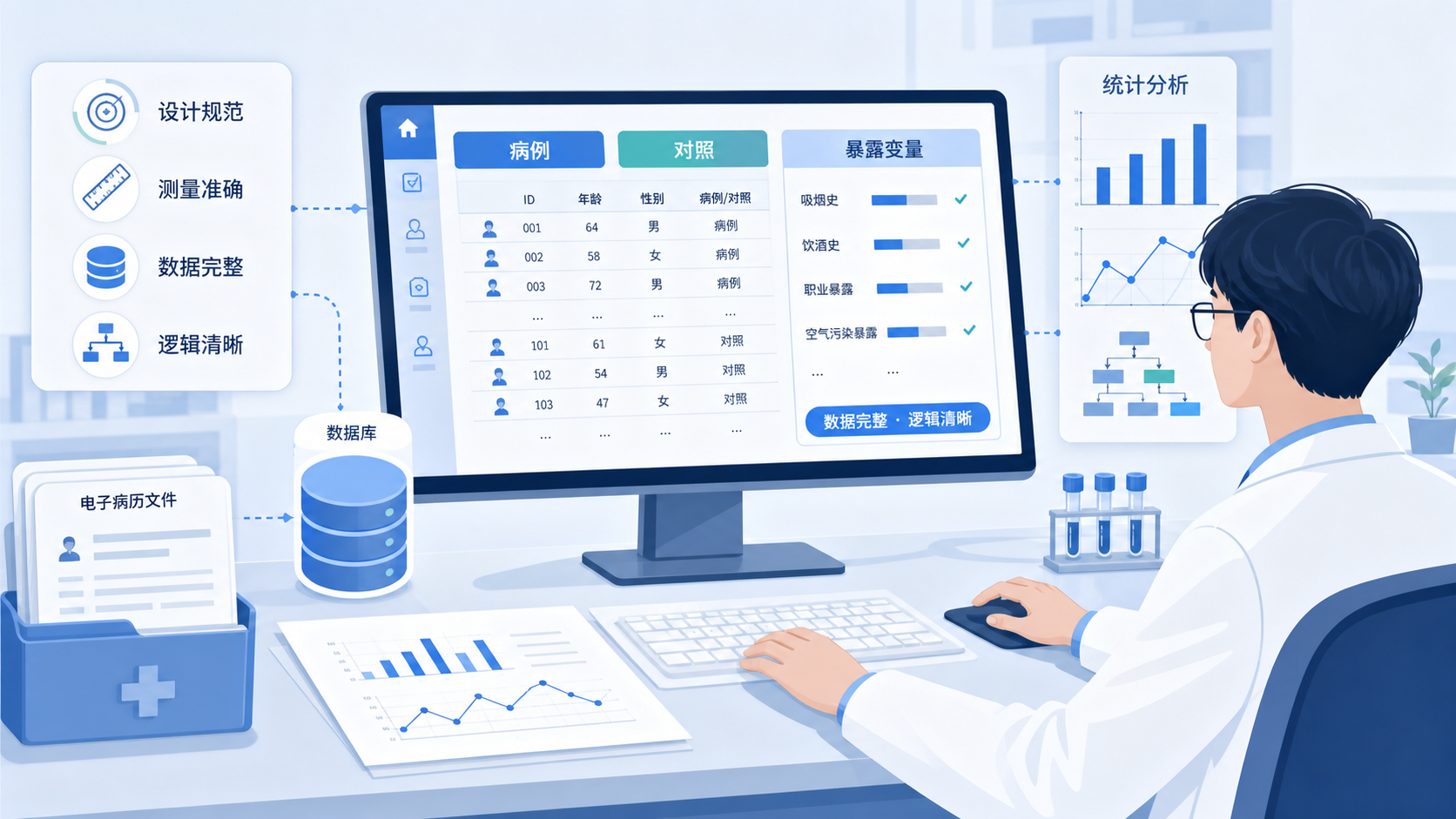 科研人员在电脑前整理病例、对照、暴露变量表格，旁边有病历、数据库和统计分析图，体现“设计规范、测量准确、结果可信”。