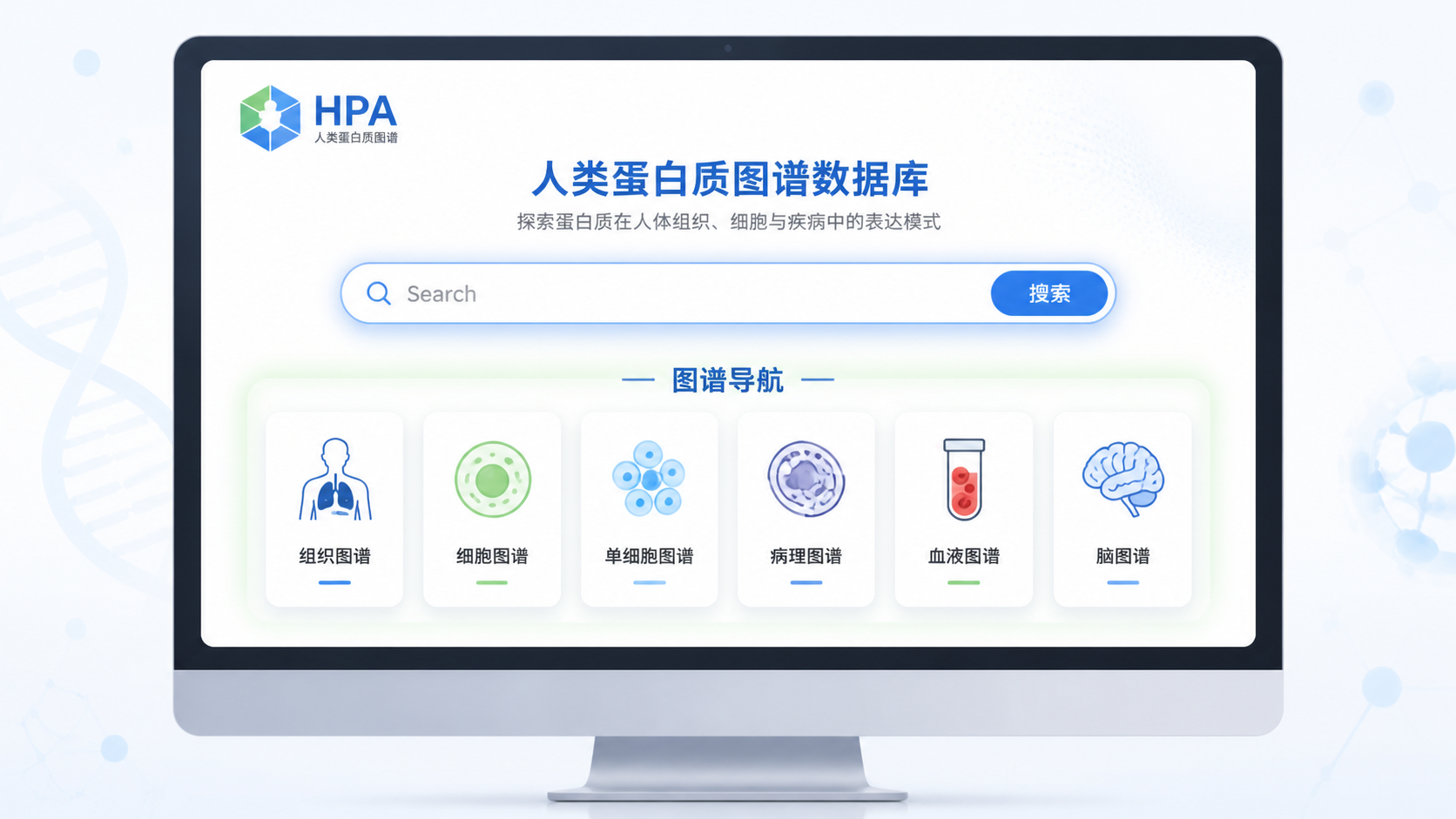 展示HPA数据库首页界面、检索框和六大图谱导航栏的电脑屏幕示意图，突出搜索与图谱入口。