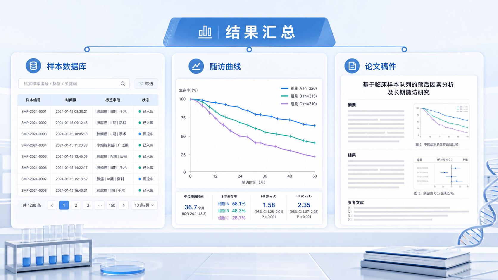 规范化临床样本数据库界面、随访曲线和论文稿件并列展示的科研成果图