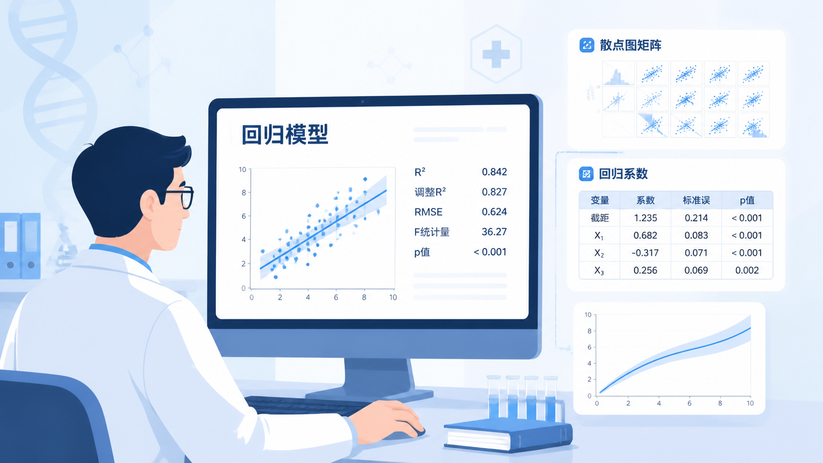 医学科研人员在电脑前查看回归模型结果，旁边展示散点图矩阵和回归系数表