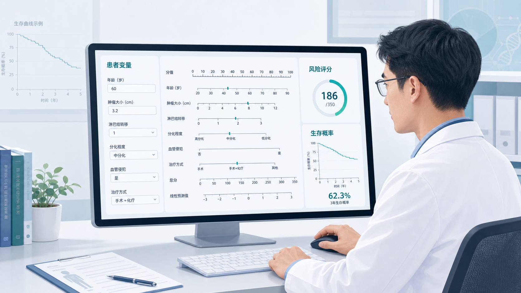 医生在电脑前使用在线列线图工具，界面展示患者变量输入框、风险评分和生存概率输出结果