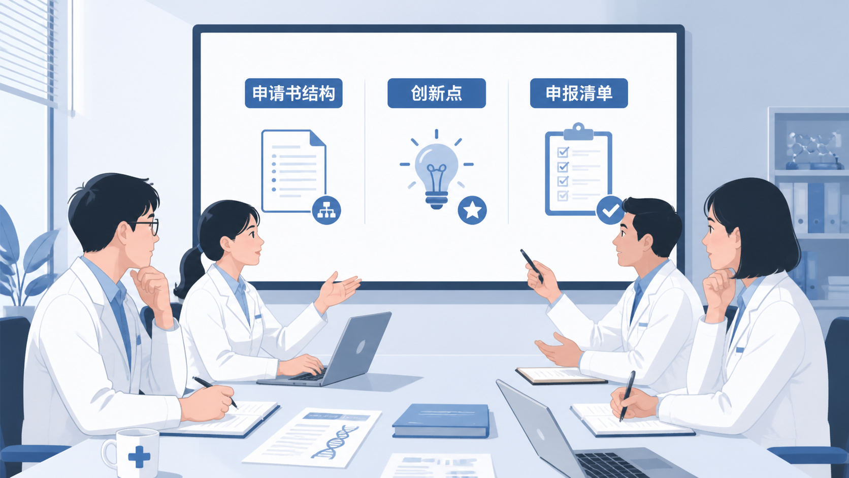 科研团队围坐讨论基金标书，屏幕上展示申请书结构、创新点框架和申报清单，画面专业简洁。