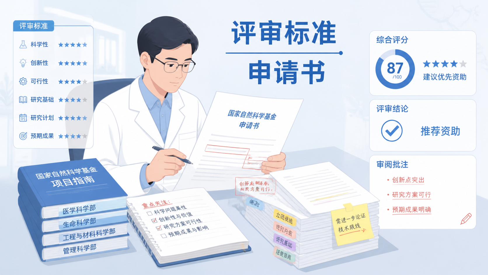 医学科研人员在办公室审阅国自然申请书，桌上放有项目指南、标书和笔记本，画面突出“评审标准”与“申报压力”