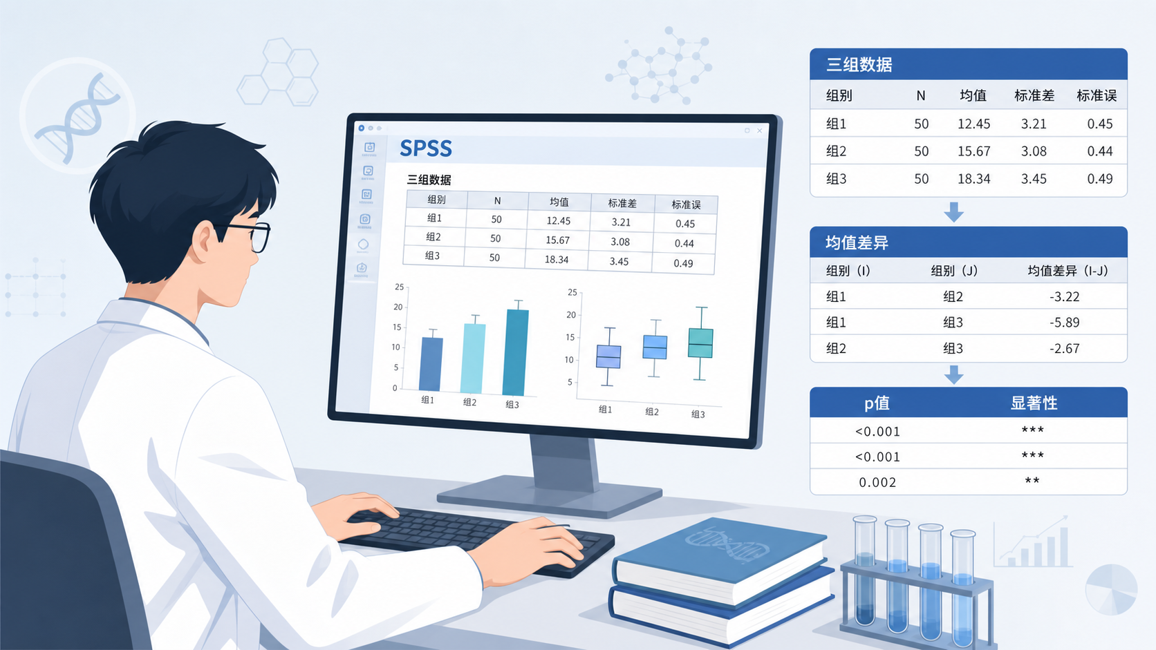 医学生在电脑前查看SPSS输出结果，旁边展示三组数据表和显著性标记，强调科研统计分析场景