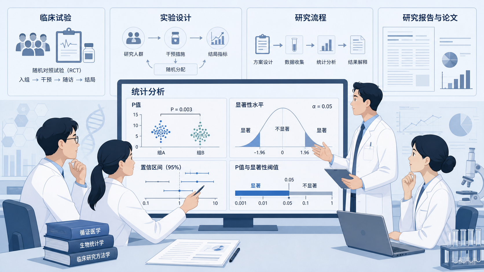 科研人员在统计分析界面前讨论P值、显著性水平和实验设计，背景包含临床试验和论文图表。