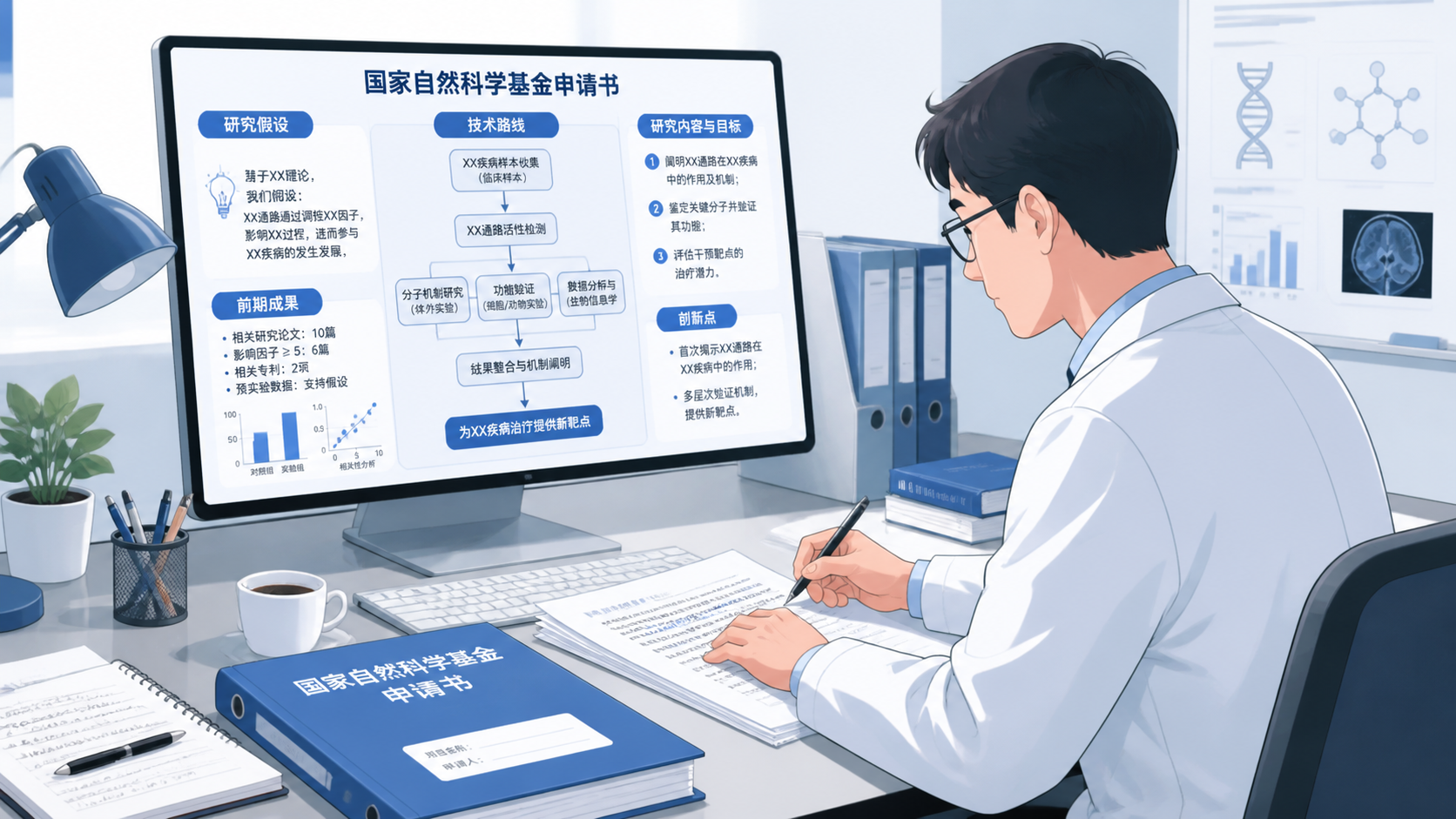 一位医生在电脑前修改国自然标书，屏幕上显示研究假设、技术路线和前期成果