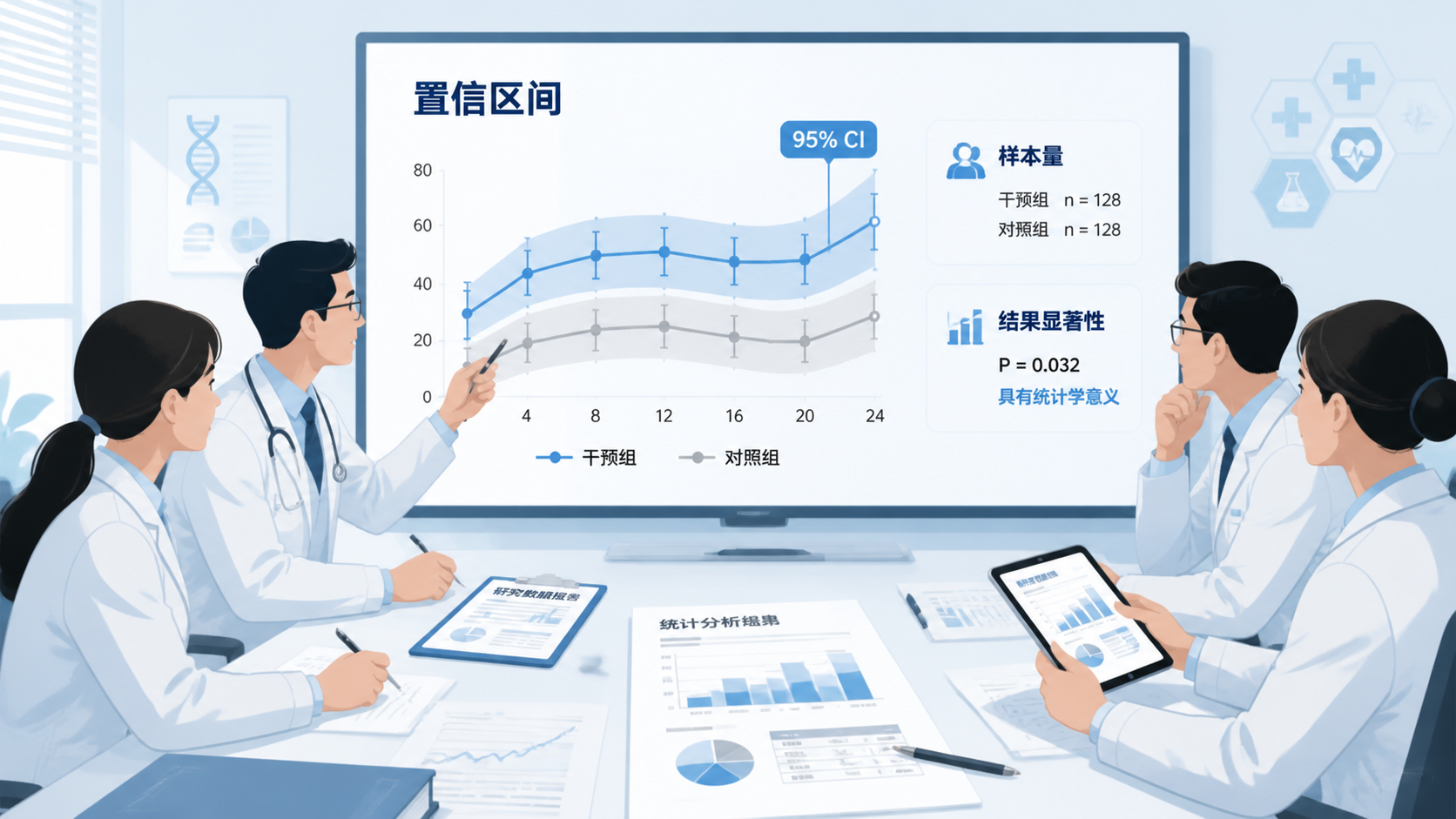 临床研究场景中的论文、统计图表和医生讨论数据的画面，突出“置信区间”分析主题