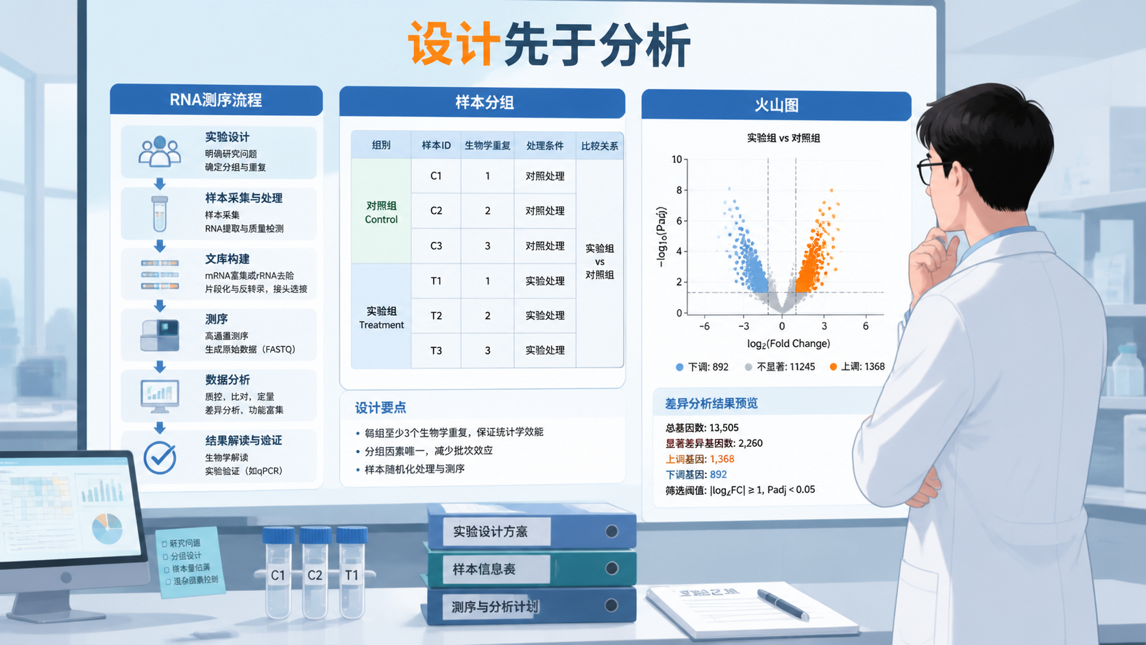 实验室里研究者查看RNA测序流程图、样本分组表和火山图，强调“设计先于分析”的专业场景
