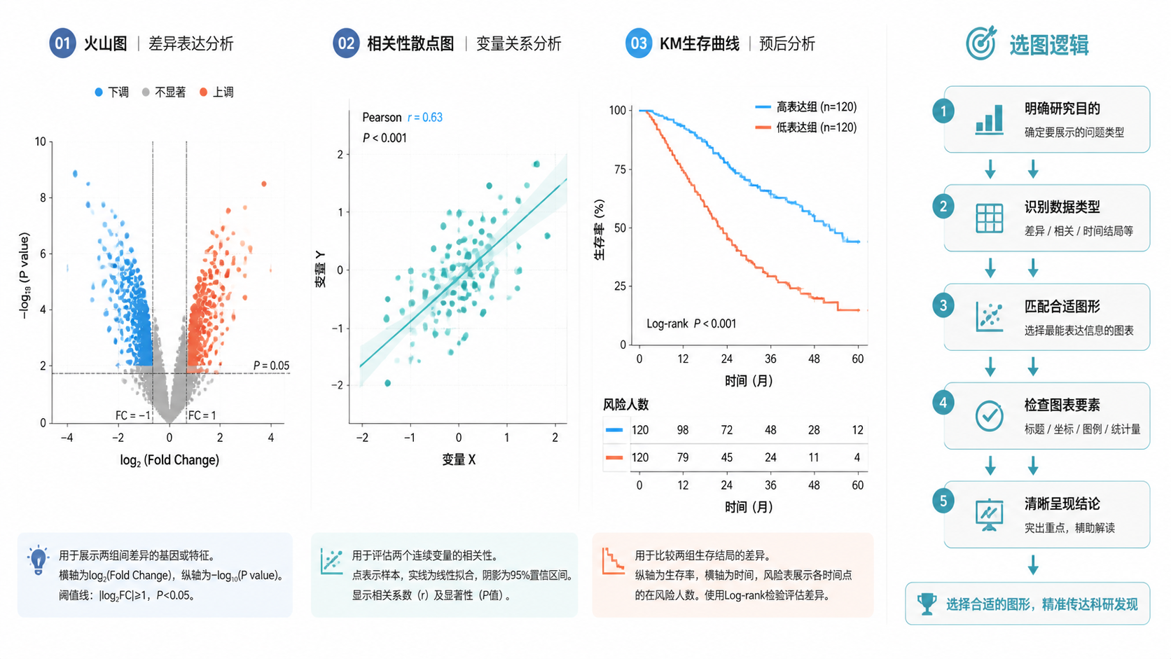 一组整洁排版的火山图、相关性散点图、KM生存曲线并列展示，右侧有“选图逻辑”流程示意，画面专业、适合结尾总结