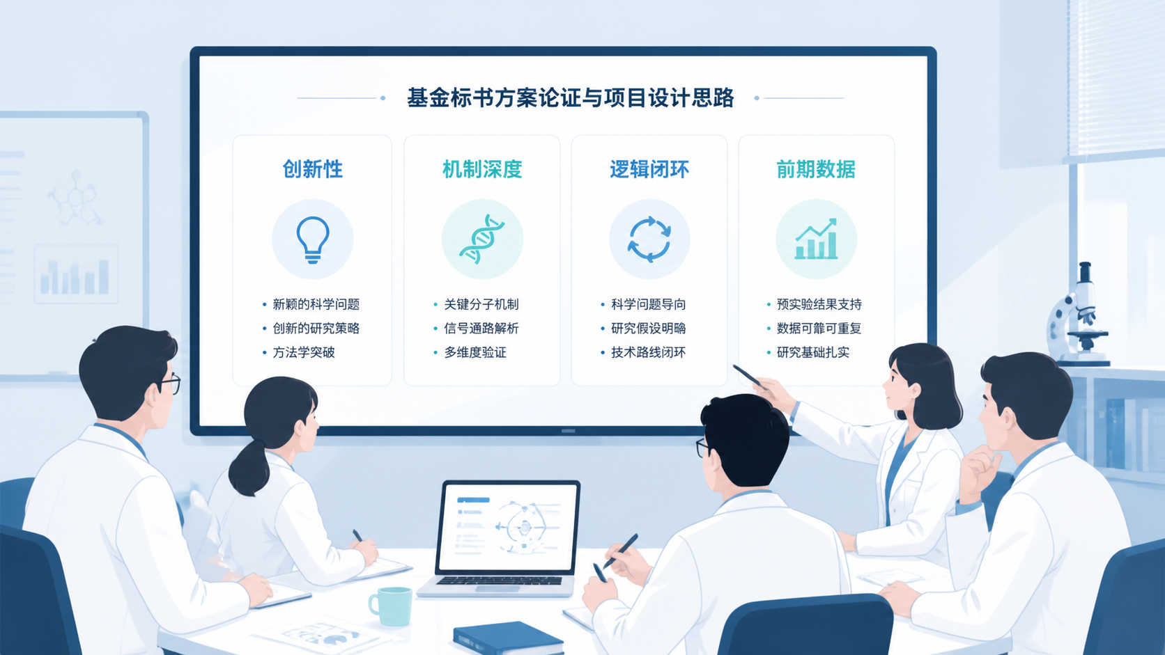 科研团队围绕基金标书讨论，屏幕上展示“创新性、机制深度、逻辑闭环、前期数据”四个模块。