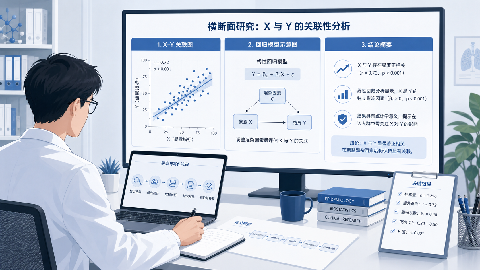 科研人员整理论文框架，屏幕上显示横断面研究的X-Y关联图、回归模型和结论摘要，整体风格专业、学术。