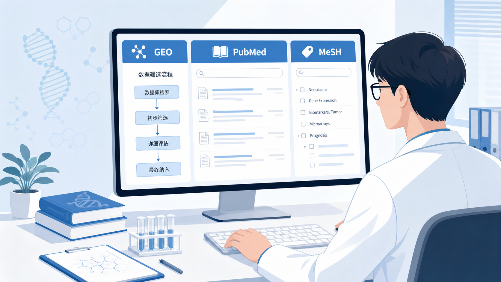 医学生在电脑前检索GEO、PubMed、MeSH关键词的场景,屏幕上展示数据集筛选流程图。