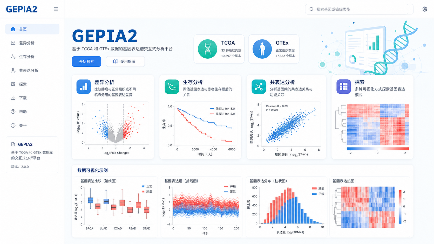 一张GEPIA2网站首页截图,旁边配有TCGA和GTEx数据图标,以及“差异分析、生存分析、共表达分析”等功能模块示意。