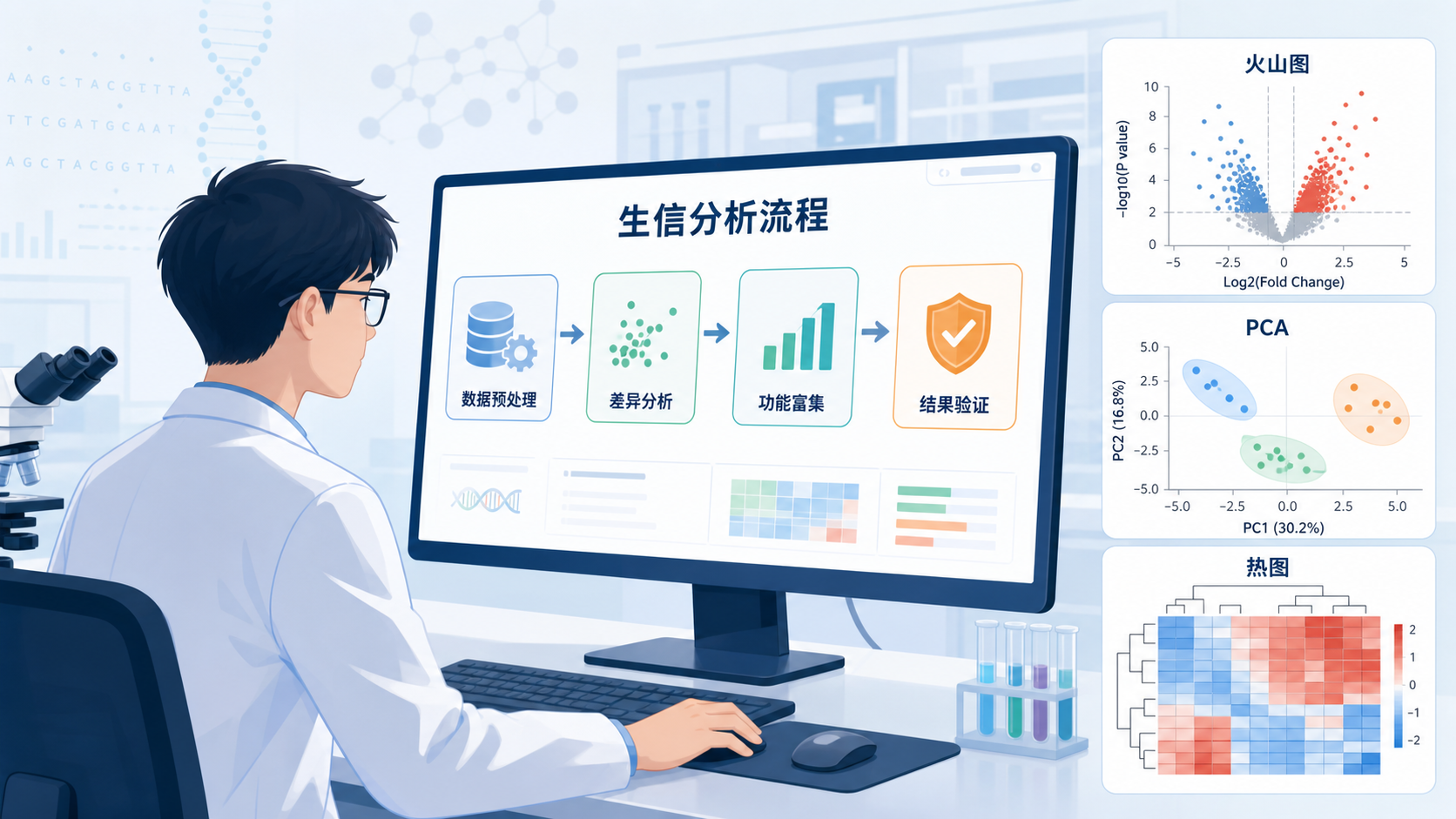 医学生在电脑前查看生信分析流程图,旁边展示火山图、PCA图、热图等典型生信图形