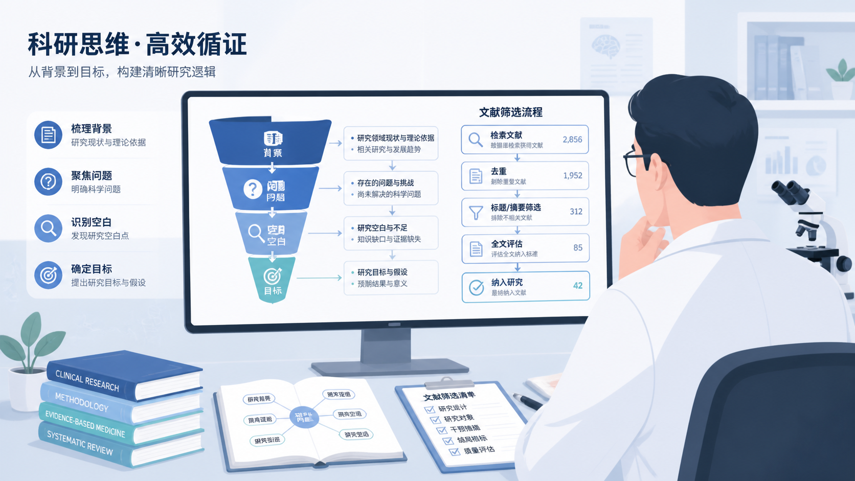 一位科研人员在电脑前梳理文献，屏幕上显示“背景-问题-空白-目标”的漏斗式结构示意图，整体风格专业简洁。
