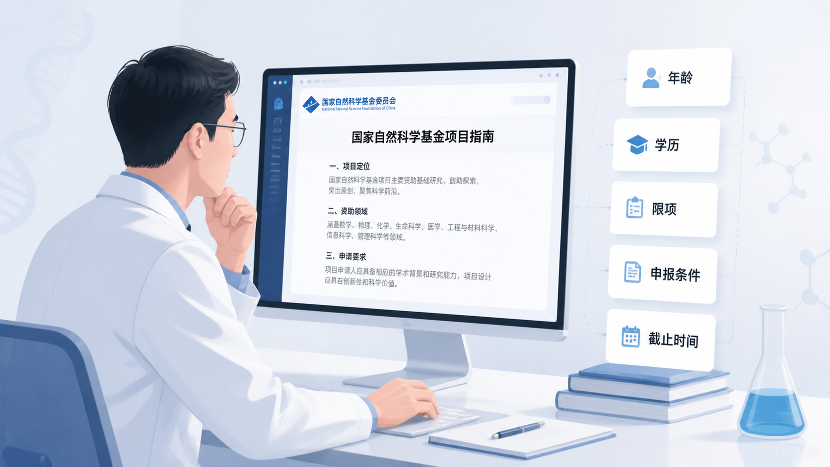 一位医生或科研人员在电脑前查看国家自然科学基金项目指南，旁边有年龄、学历、限项等要点提示卡片，画面专业、简洁。
