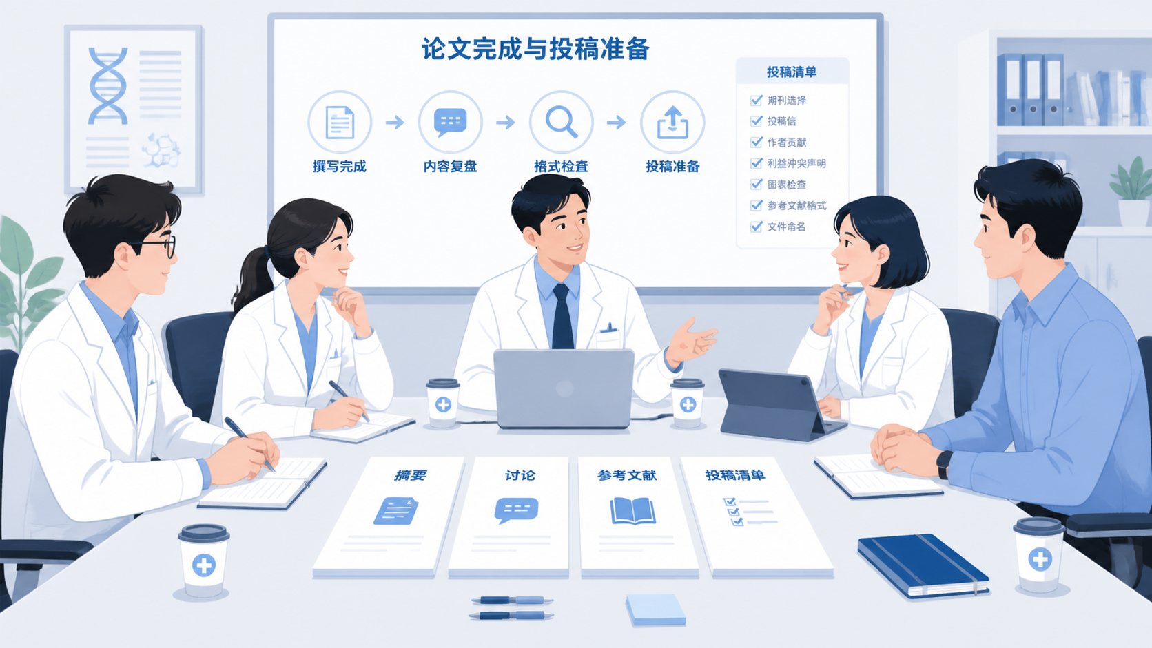 论文写作完成后的科研团队讨论场景,桌面上有摘要、讨论、参考文献和投稿清单