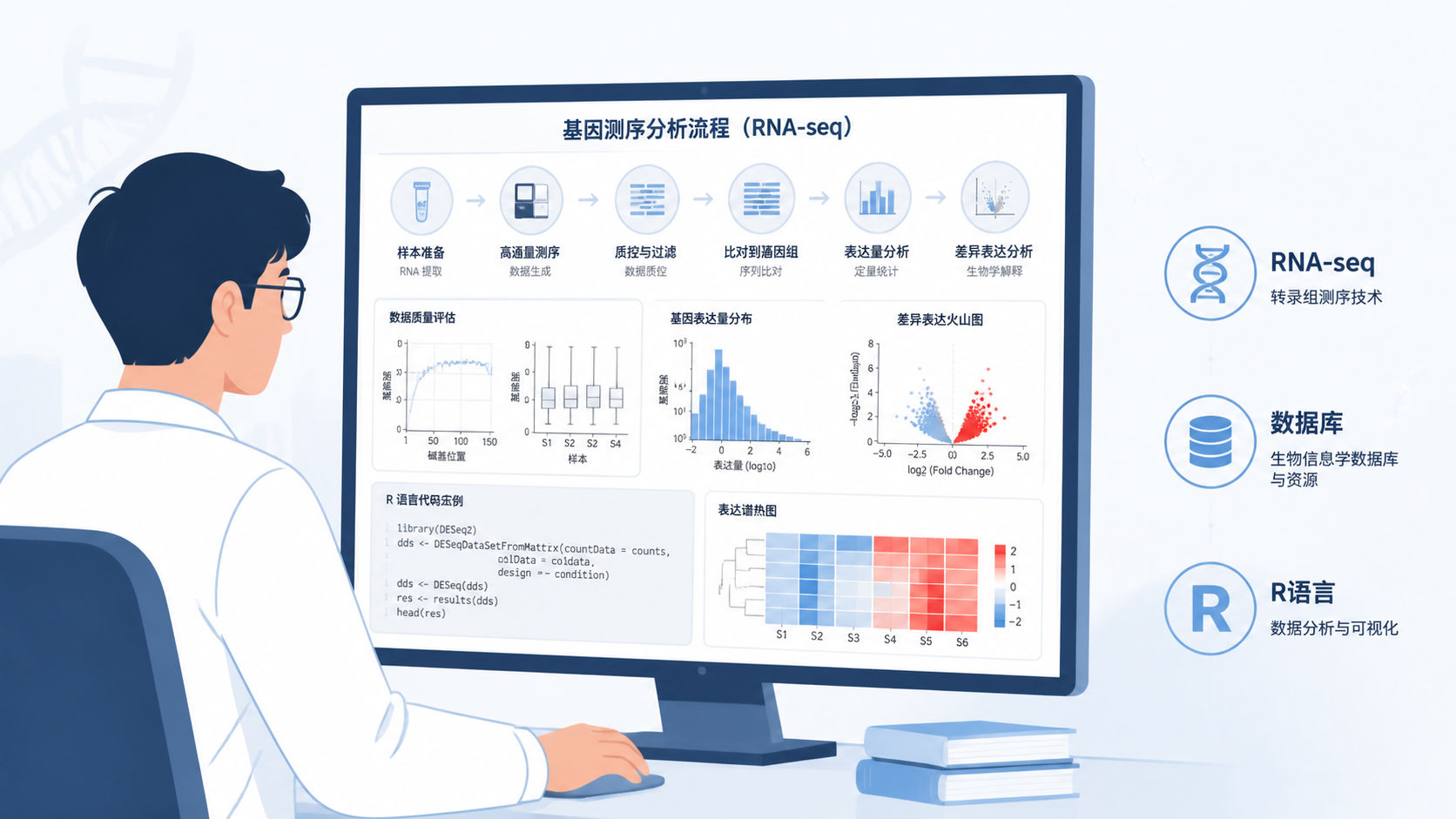 医学生在电脑前查看测序数据流程图，旁边有RNA-seq、数据库、R语言等关键词，画面简洁专业。