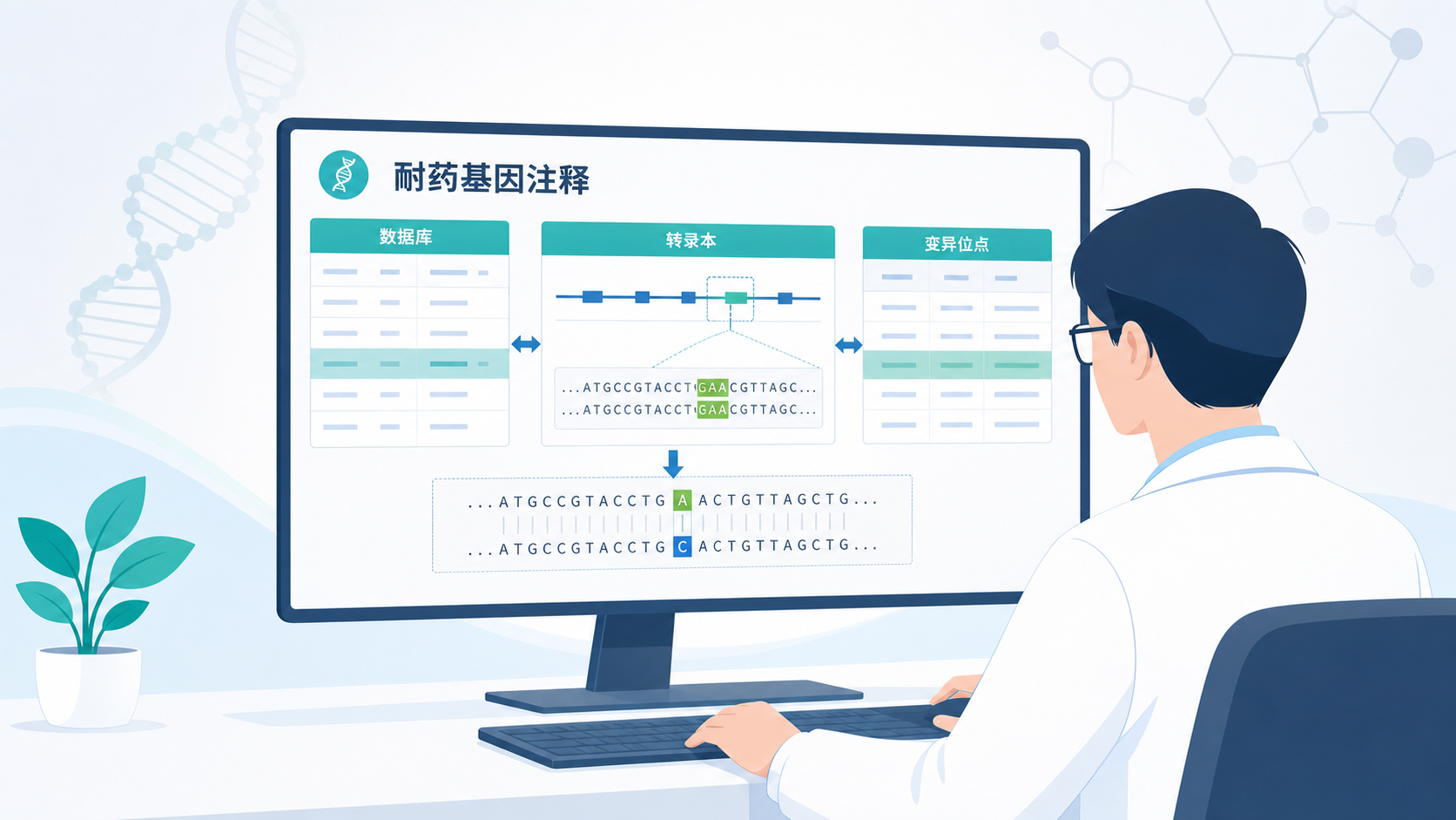 科研人员在电脑前比对耐药基因变异注释结果，屏幕上显示数据库、转录本和变异位点对照界面