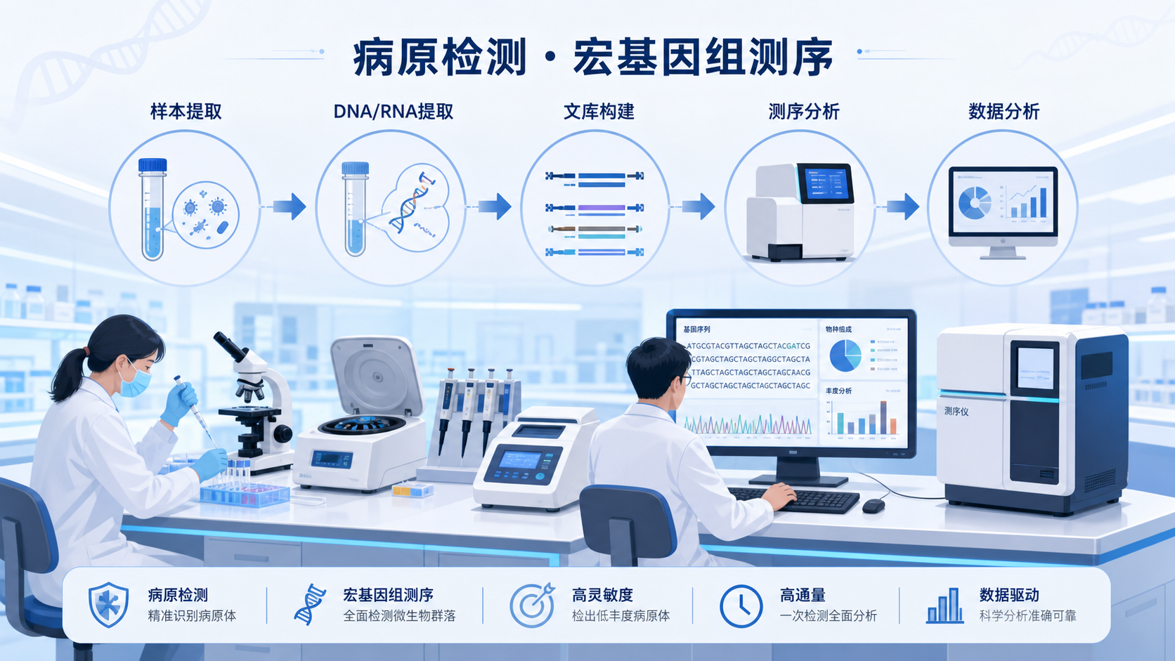 医院检验科场景,实验人员在进行样本提取、测序文库构建与数据分析,突出“病原检测”和“宏基因组测序”主题