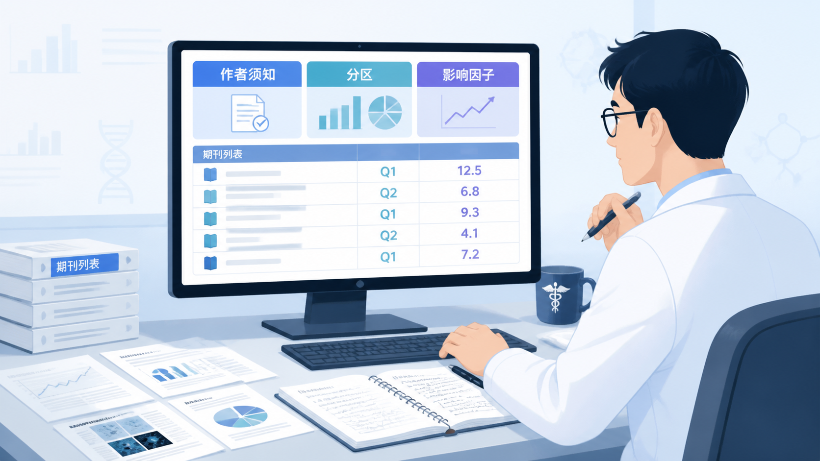 科研人员在电脑前对照期刊作者须知、分区和影响因子筛选投稿杂志，桌面有论文图表和期刊列表。