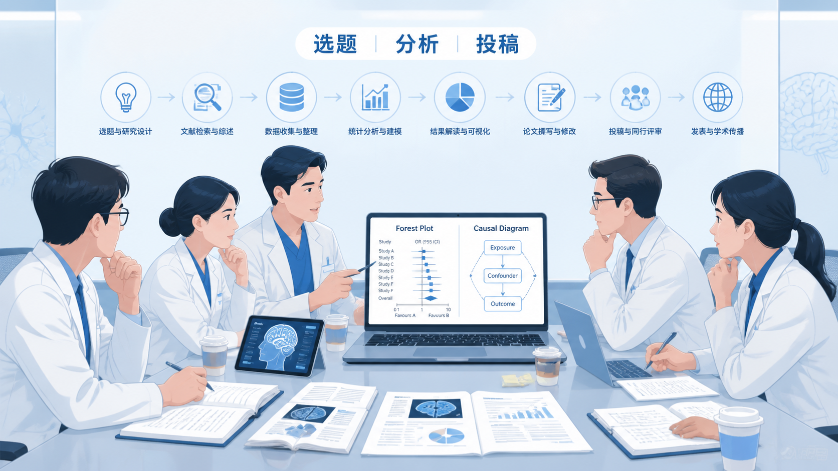 神经外科科研团队围坐讨论选题,桌面有文献、电脑屏幕上的森林图和因果图,画面体现从选题到投稿的完整流程。