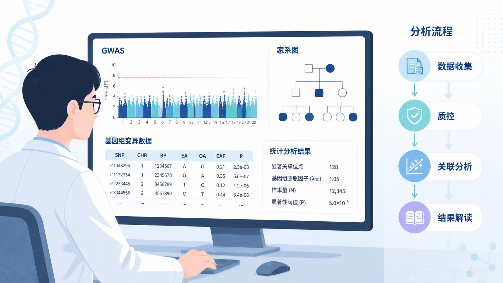 医学生在电脑前查看基因组数据、GWAS图和家系图，旁边有简洁的分析流程示意图。