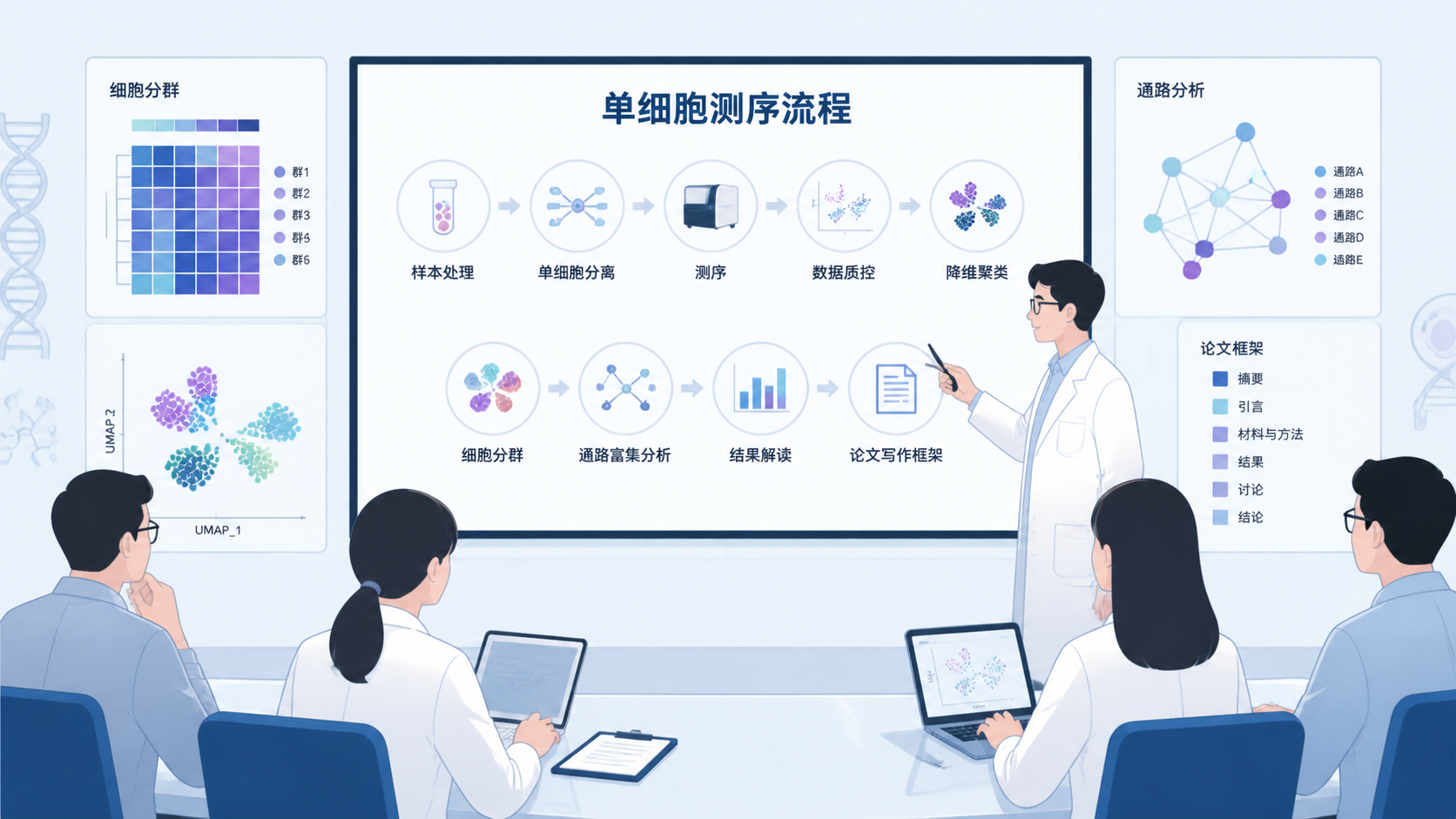 研究者在会议室展示单细胞测序分析流程图，背景包含细胞分群、通路分析和论文写作框架
