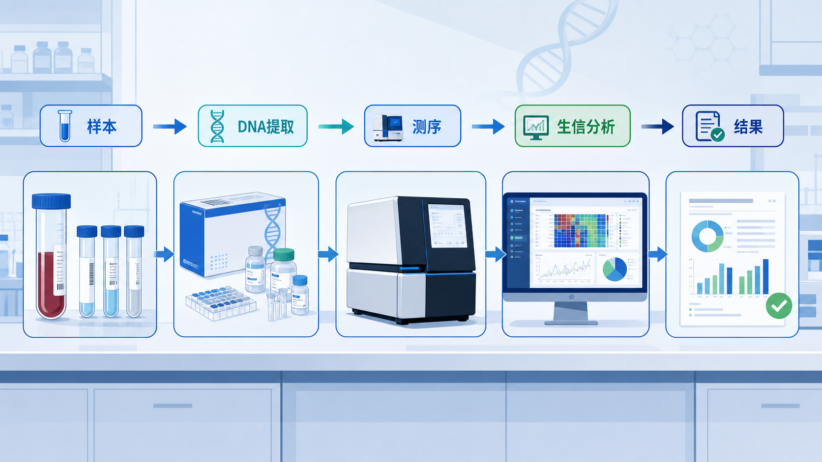 实验台上的样本管、DNA提取试剂盒、测序仪与生信分析流程图并列展示,突出“从样本到结果”的完整链路