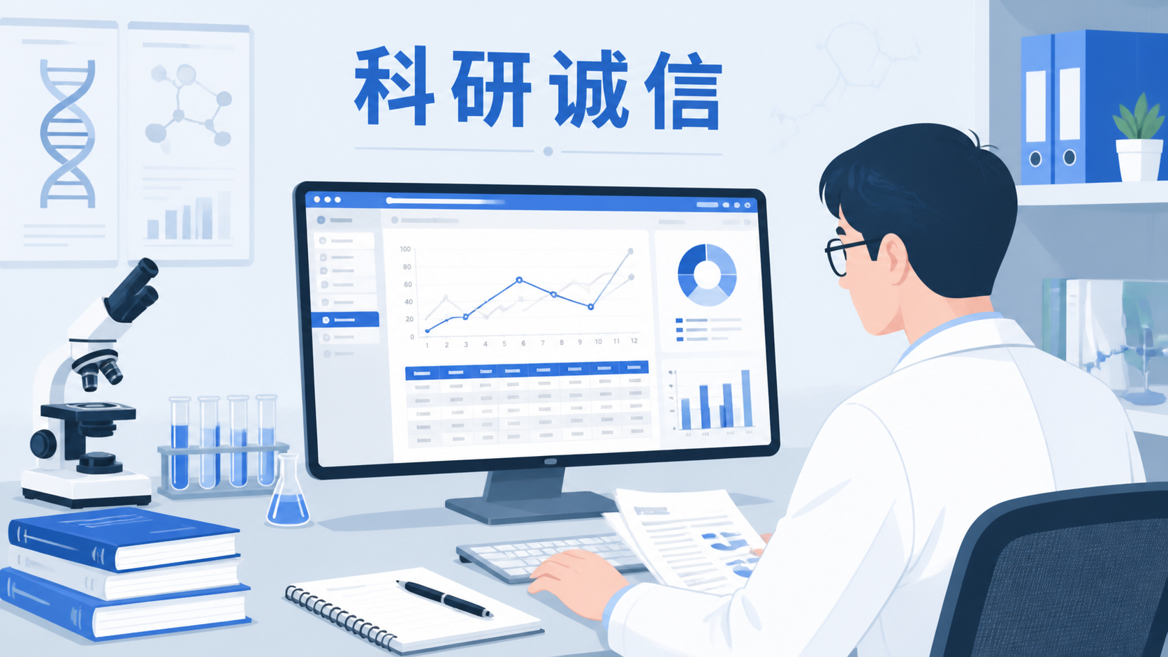一位科研人员在电脑前检查数据、统计图和论文稿件，背景有“科研诚信”字样，体现规范分析与专业支持。