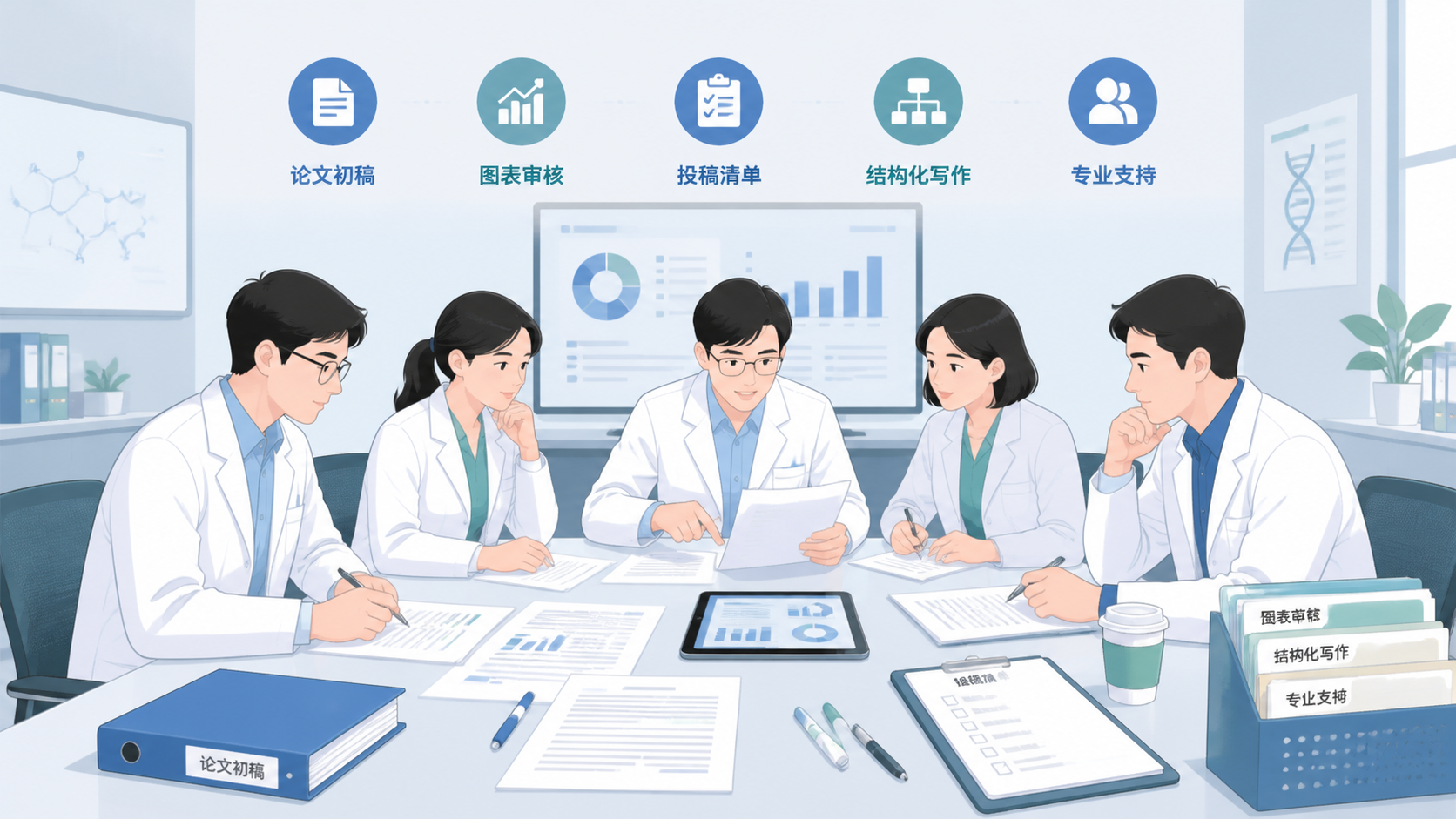 科研团队在会议桌前审核论文初稿、图表和投稿清单，画面突出“结构化写作”和“专业支持”